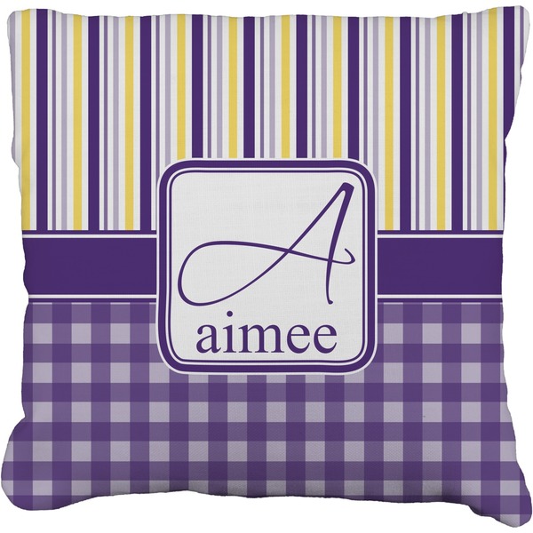 Custom Purple Gingham & Stripe Faux-Linen Throw Pillow 18" (Personalized)