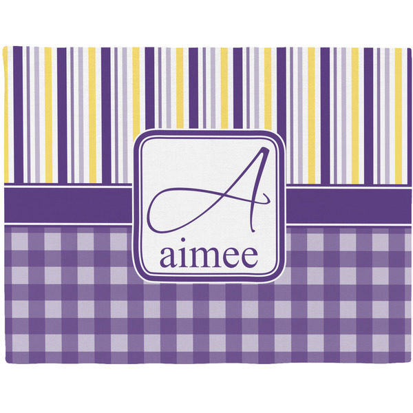 Custom Purple Gingham & Stripe Woven Fabric Placemat - Twill w/ Name and Initial