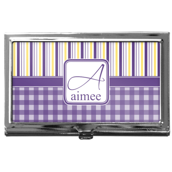 Custom Purple Gingham & Stripe Business Card Case
