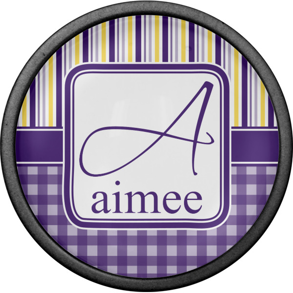 Purple Gingham & Stripe Cabinet Knob - Black - Front