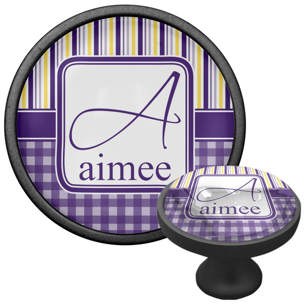 Purple Gingham & Stripe Cabinet Knob - Black - Multi Angle