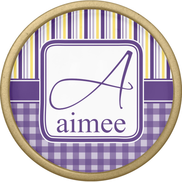 Purple Gingham & Stripe Cabinet Knob - Gold - Front