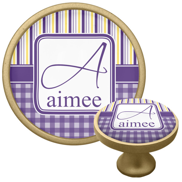 Custom Purple Gingham & Stripe Cabinet Knob - Gold (Personalized)
