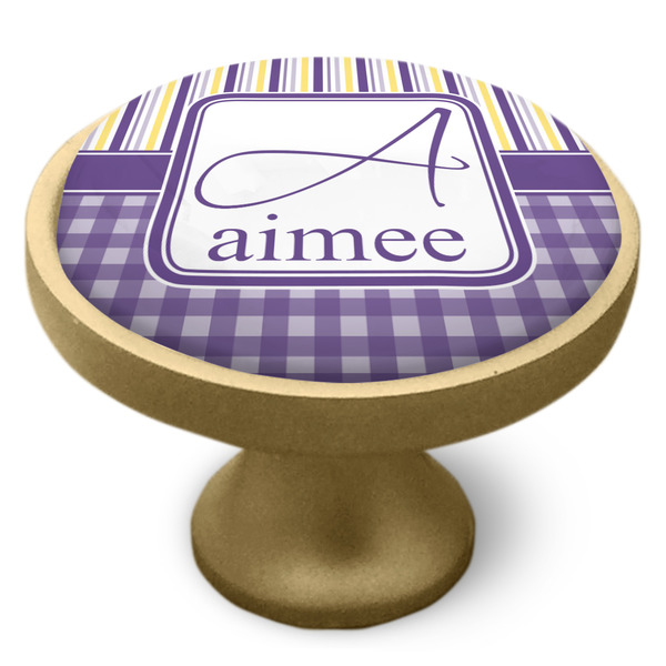 Purple Gingham & Stripe Cabinet Knob - Gold - Side