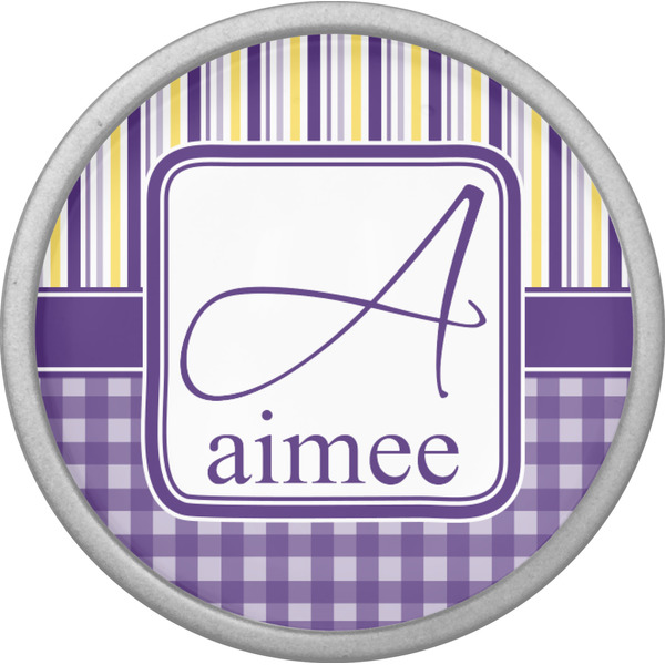 Purple Gingham & Stripe Cabinet Knob - Nickel - Front