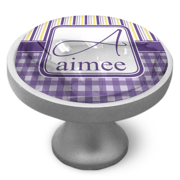 Custom Purple Gingham & Stripe Cabinet Knob (Personalized)