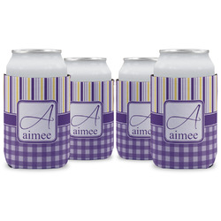 Purple Gingham & Stripe Can Cooler (12 oz) - Set of 4 w/ Name and Initial