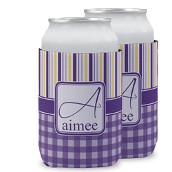 Purple Gingham & Stripe Can Cooler (12 oz) w/ Name and Initial
