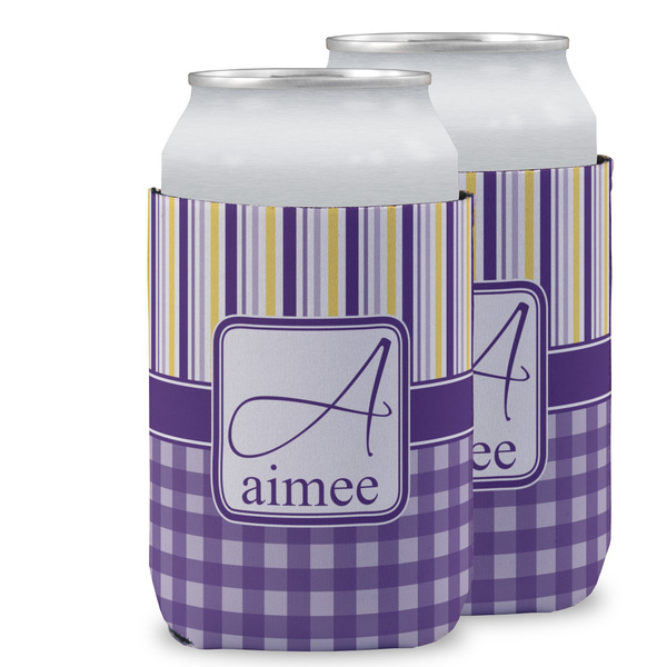 Custom Purple Gingham & Stripe Can Cooler (12 oz) w/ Name and Initial