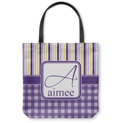 Purple Gingham & Stripe Canvas Tote Bag (Personalized)