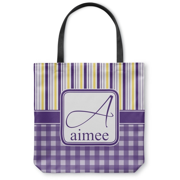 Custom Purple Gingham & Stripe Canvas Tote Bag - Large - 18"x18" (Personalized)