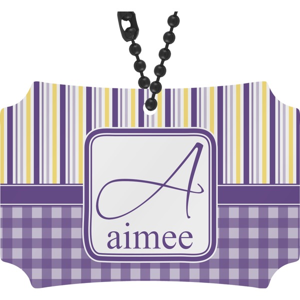 Custom Purple Gingham & Stripe Rear View Mirror Ornament (Personalized)