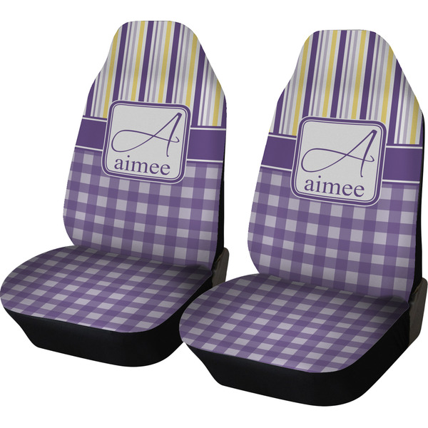 Custom Purple Gingham & Stripe Car Seat Covers (Set of Two) (Personalized)