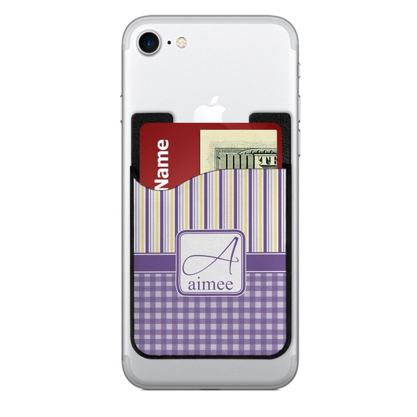 Custom Purple Gingham & Stripe 2-in-1 Cell Phone Credit Card Holder & Screen Cleaner (Personalized)