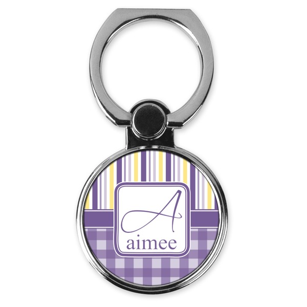 Custom Purple Gingham & Stripe Cell Phone Ring Stand & Holder (Personalized)