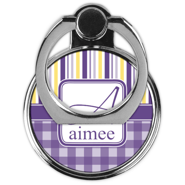Purple Gingham & Stripe Cell Phone Ring Stand & Holder - Front (Collapsed)