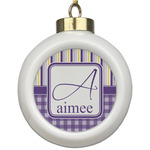 Purple Gingham & Stripe Ceramic Ball Ornament (Personalized)