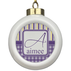 Purple Gingham & Stripe Ceramic Ball Ornament (Personalized)