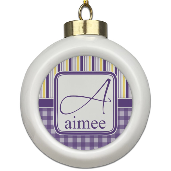 Custom Purple Gingham & Stripe Ceramic Ball Ornament (Personalized)