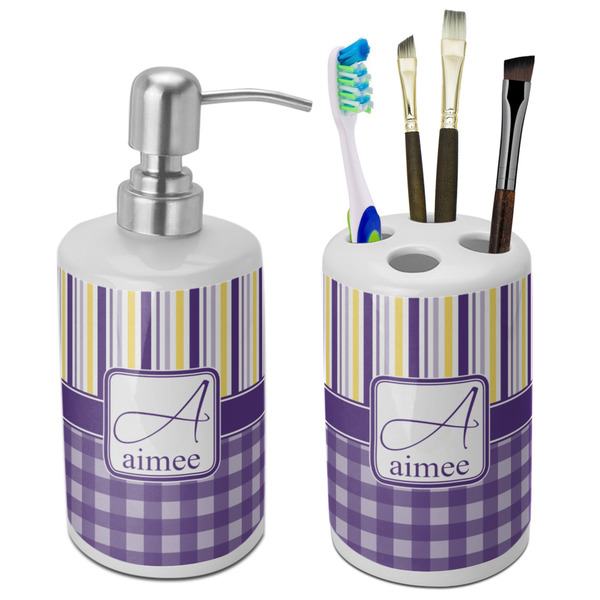 Custom Purple Gingham & Stripe Ceramic Bathroom Accessories Set (Personalized)