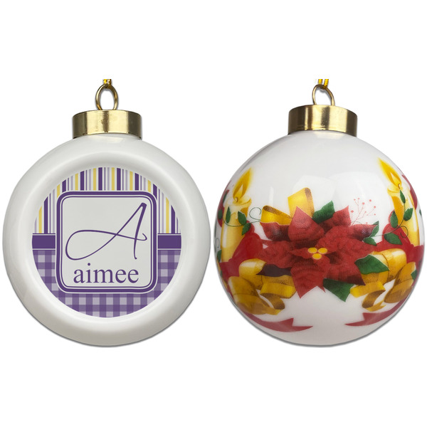 Purple Gingham & Stripe Ceramic Christmas Ornament - Poinsettias (APPROVAL)