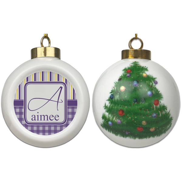 Purple Gingham & Stripe Ceramic Christmas Ornament - X-Mas Tree (APPROVAL)