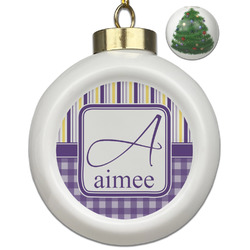 Purple Gingham & Stripe Ceramic Ball Ornament - Christmas Tree (Personalized)