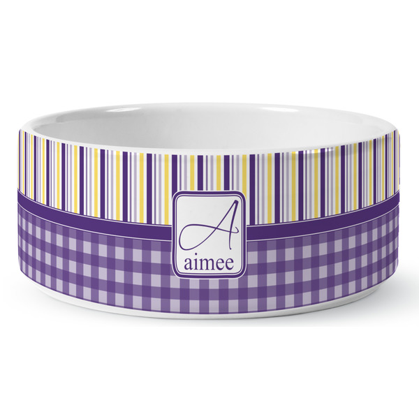 Purple Gingham & Stripe Ceramic Dog Bowl - Medium - Front