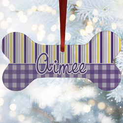 Purple Gingham & Stripe Ceramic Dog Ornament w/ Name and Initial
