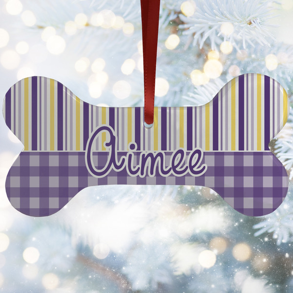 Custom Purple Gingham & Stripe Ceramic Dog Ornament w/ Name and Initial