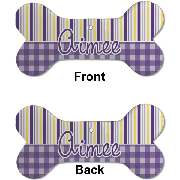 Purple Gingham & Stripe Ceramic Flat Ornament - Bone Front & Back (APPROVAL)