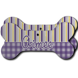 Purple Gingham & Stripe Ceramic Dog Ornament - Front & Back w/ Name and Initial