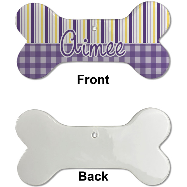 Purple Gingham & Stripe Ceramic Flat Ornament - Bone Front & Back Single Print (APPROVAL)