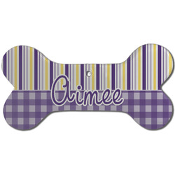 Purple Gingham & Stripe Ceramic Dog Ornament - Front w/ Name and Initial