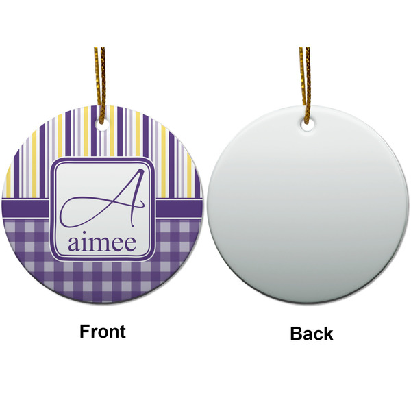 Purple Gingham & Stripe Ceramic Flat Ornament - Circle Front & Back (APPROVAL)