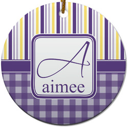 Purple Gingham & Stripe Round Ceramic Ornament w/ Name and Initial