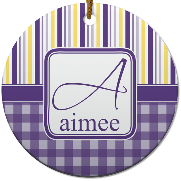 Custom Purple Gingham & Stripe Round Ceramic Ornament w/ Name and Initial