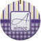Purple Gingham & Stripe Round Ceramic Ornament w/ Name and Initial