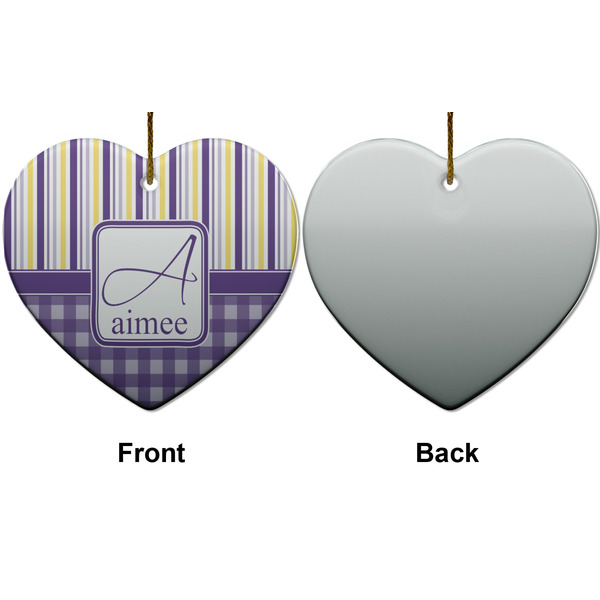 Purple Gingham & Stripe Ceramic Flat Ornament - Heart Front & Back (APPROVAL)