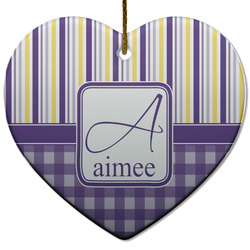 Purple Gingham & Stripe Heart Ceramic Ornament w/ Name and Initial