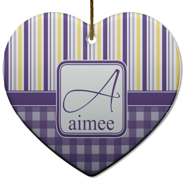 Custom Purple Gingham & Stripe Heart Ceramic Ornament w/ Name and Initial