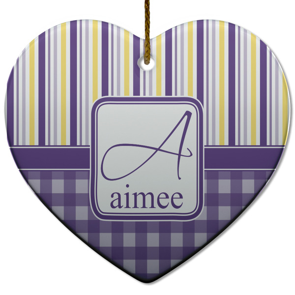 Purple Gingham & Stripe Ceramic Flat Ornament - Heart (Front)