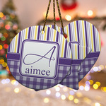 Purple Gingham & Stripe Ceramic Ornament w/ Name and Initial