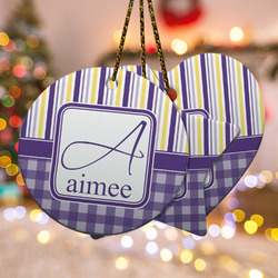 Purple Gingham & Stripe Ceramic Ornament w/ Name and Initial