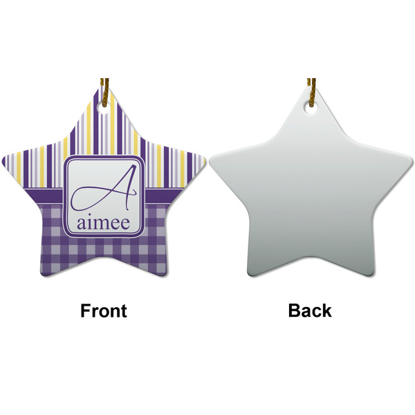 Purple Gingham & Stripe Ceramic Flat Ornament - Star Front & Back (APPROVAL)