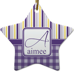 Purple Gingham & Stripe Star Ceramic Ornament w/ Name and Initial