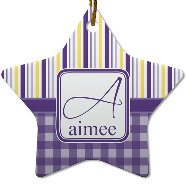 Purple Gingham & Stripe Ceramic Flat Ornament - Star (Front)