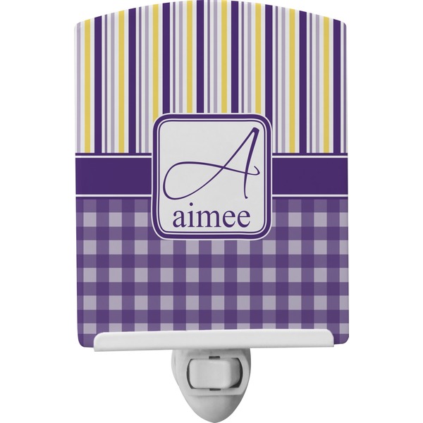 Custom Purple Gingham & Stripe Ceramic Night Light (Personalized)