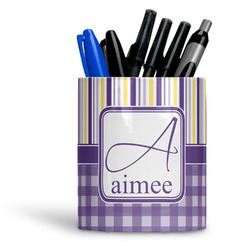 Purple Gingham & Stripe Ceramic Pen Holder