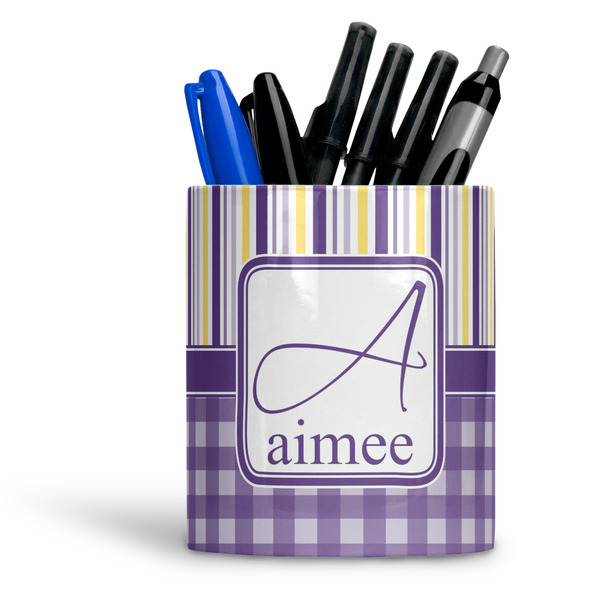 Custom Purple Gingham & Stripe Ceramic Pen Holder